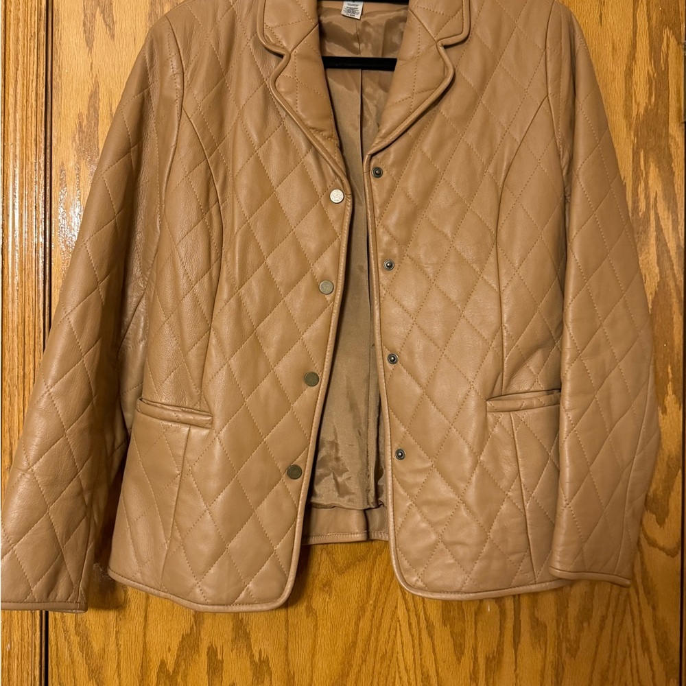 Jones New York Tan Leather Jacket Classic Blazer Style
